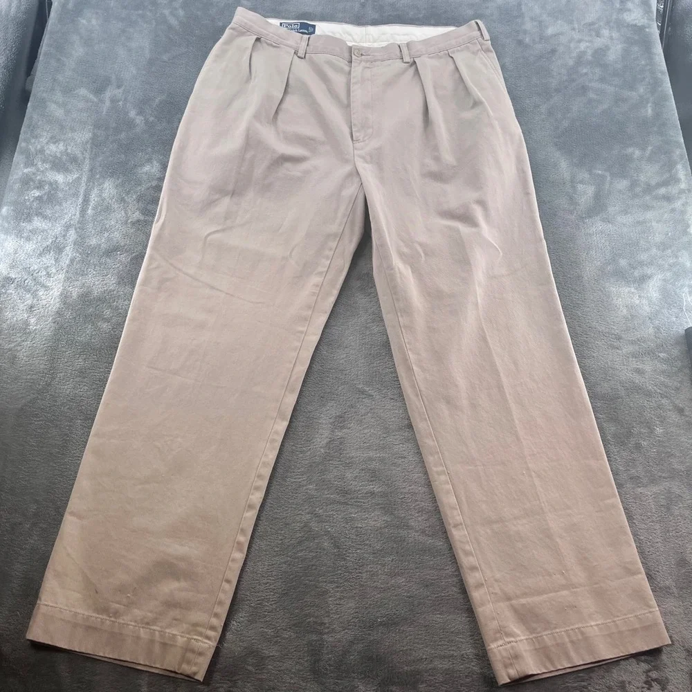 Polo Ralph Lauren Andrew Pant Mens 38x31 Khaki Tan Pleated Cotton Chino Trousers